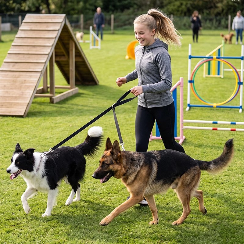 Accouple chien jeune fille joggant avec son berger allemand et son berger australien avec l'accouple noir