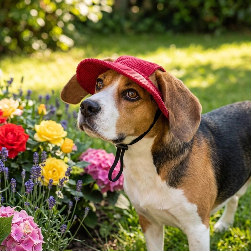 Casquette chien beagle dans un parc avec sa casquette rouge