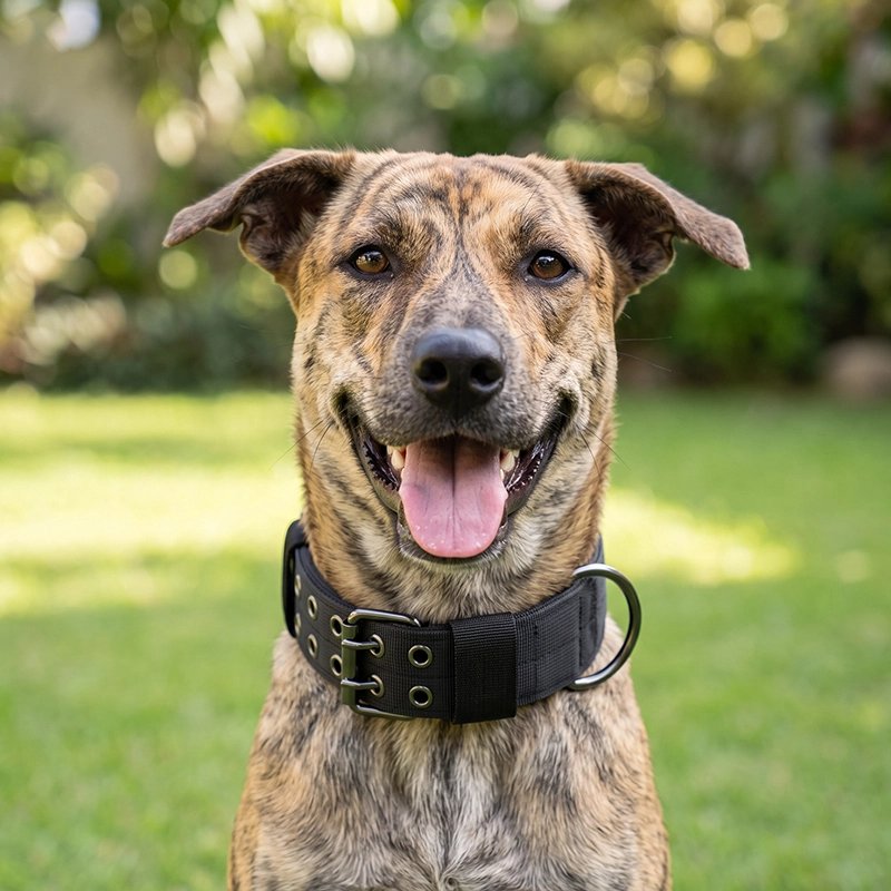 Collier Chien labrador mix assis dans un parc avec son collier noir