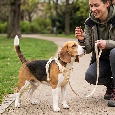 Harnais chien beagle avec sa maitresse portant son harnais beige