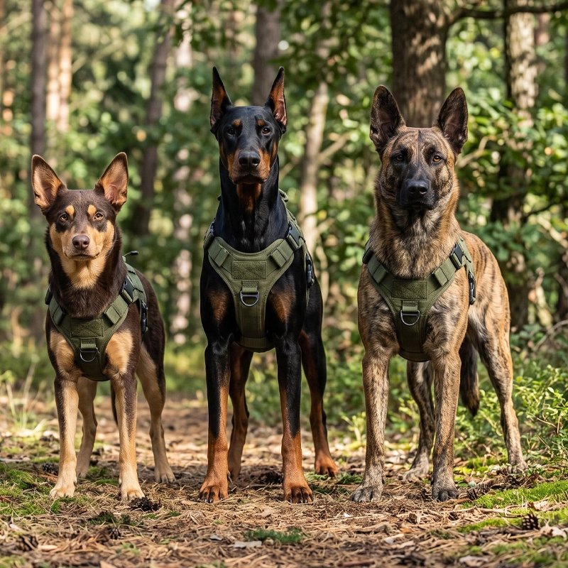 Harnais chien démonstration des trois couleurs de harnais sur trois chien en foret