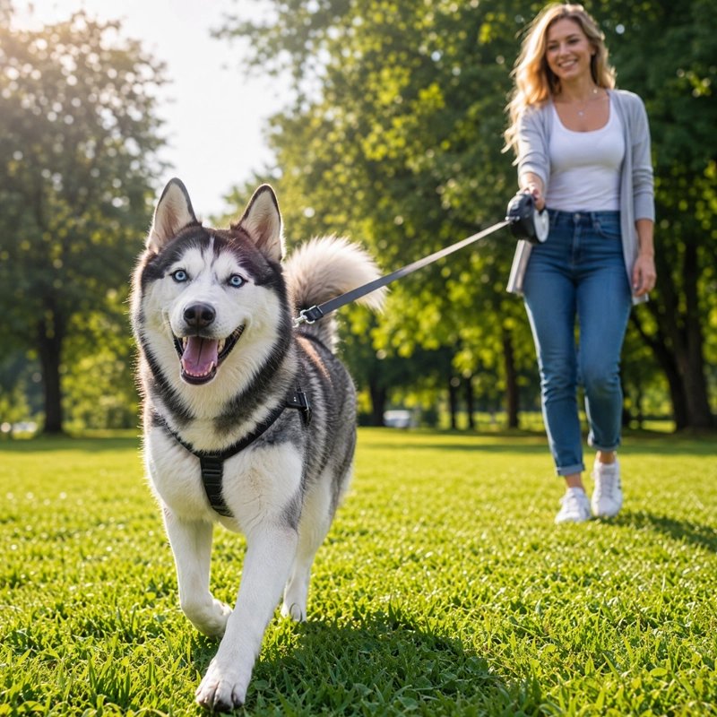Laisse Chien husky dans un parc avec la laisse retractable