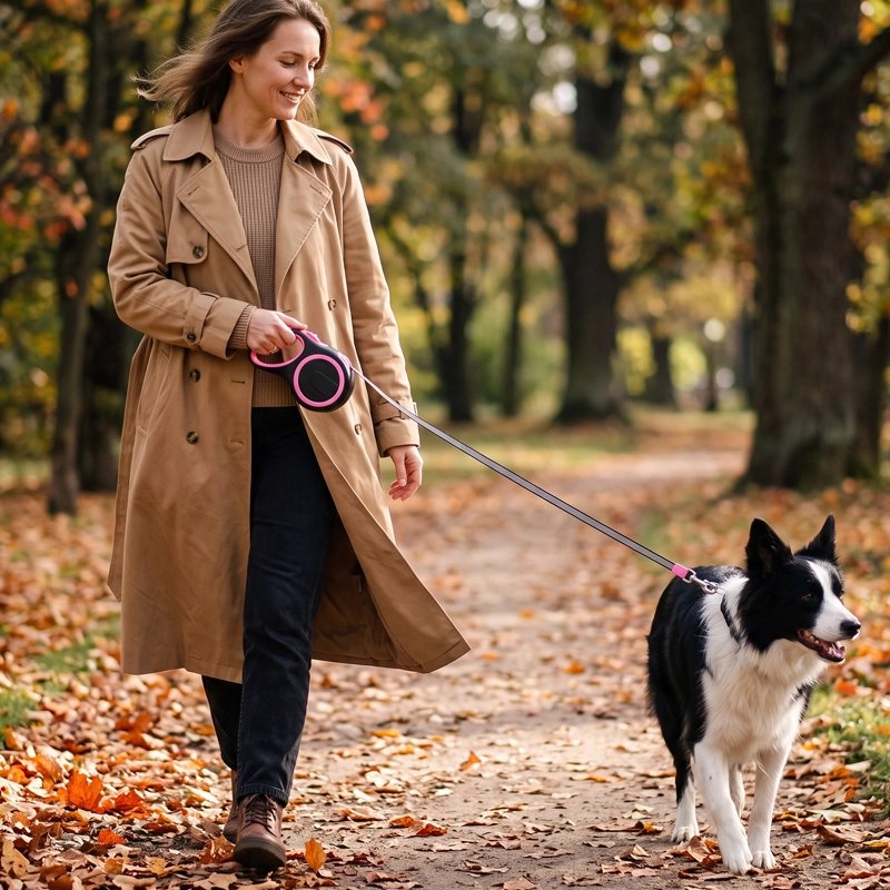 Laisse pour Chien femme dans un parc avec son berger et la laisse enroulable noir et rose