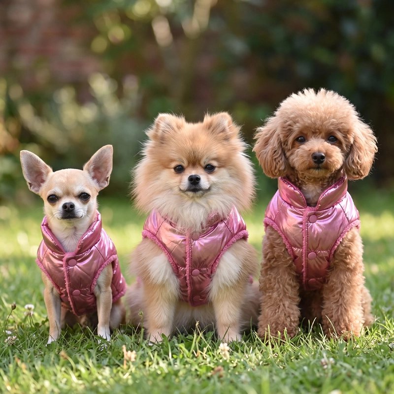 Manteau Chien démonstration des trois grandeur de manteau matelassé tres petit ,petit et moyen