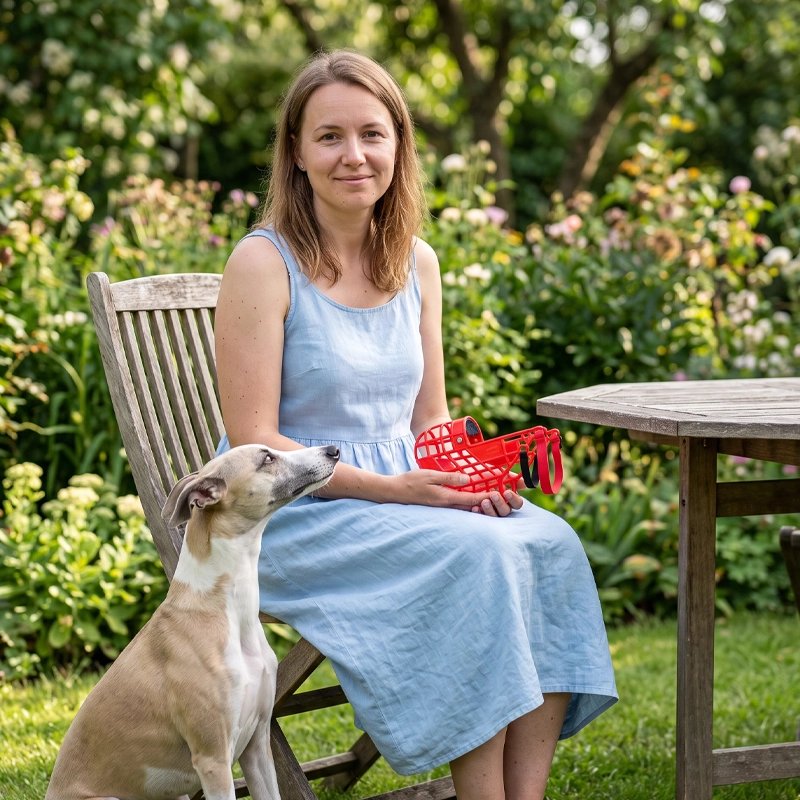 Muselière pour chien femme assis sur une terrasse avec son chien de chase tenant la muselière rouge