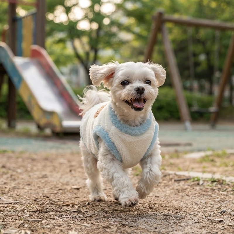 Pull pour Chien bichon courant au parc a chien avec son pull blanc et bleu