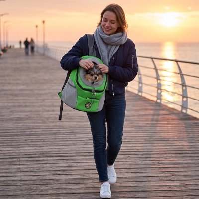 Sac a dos chien femme transportant son chien dans le sac a dos sur le quai au bord de l'eau