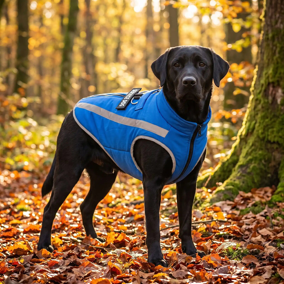 labrador noir dans la foret avec son manteau bleu polar