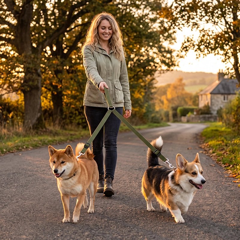 Accouple chien​ femme dans un parc avec ses deux chiens profitant de la laisse double 