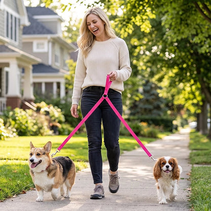 Accouple chien​ femme promenant son gorky et son cocker en promenade sur la rue avec l'accouple rose