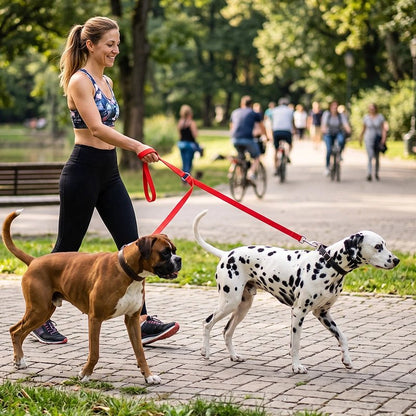 Accouple chien​ femme promenant sont dalmatiens et son boxer avec l'accouple rose au parc