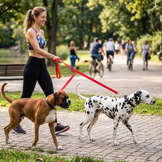 Accouple chien​ femme promenant sont dalmatiens et son boxer avec l'accouple rose au parc