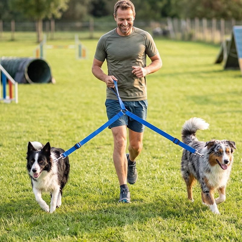 Accouple chien​ homme fesant son jogging dans un parc avec ses deux chiens avec la laisse double bleu