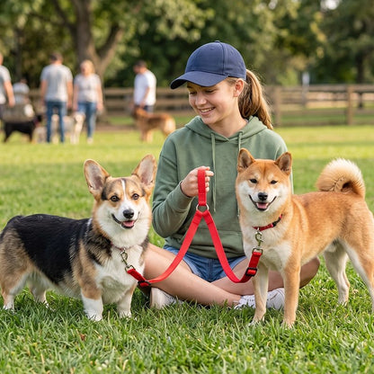 Accouple chien​ jeune femme tenant ses deux chiens en laisse dans un parc