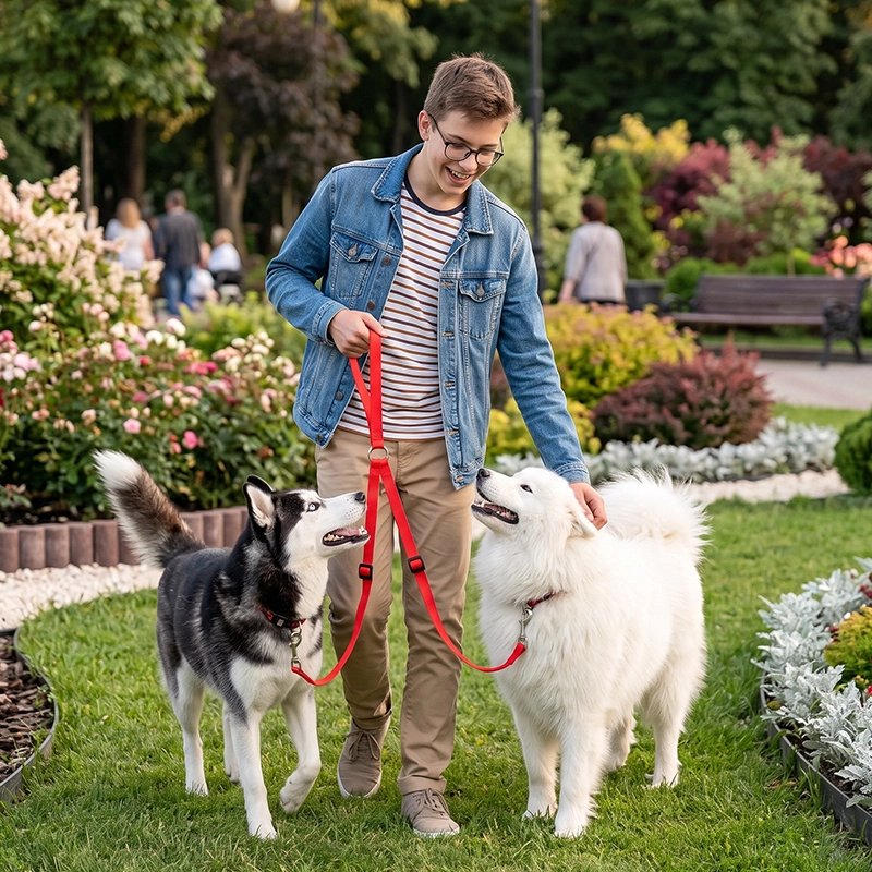 Accouple chien​ jeune homme caressant ses deux chiens tenu part la laisse double