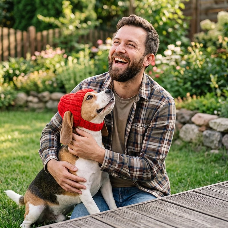 Bonnet pour chien​ beagle jouant avec son bonnet rouge et son maitre dans une cour