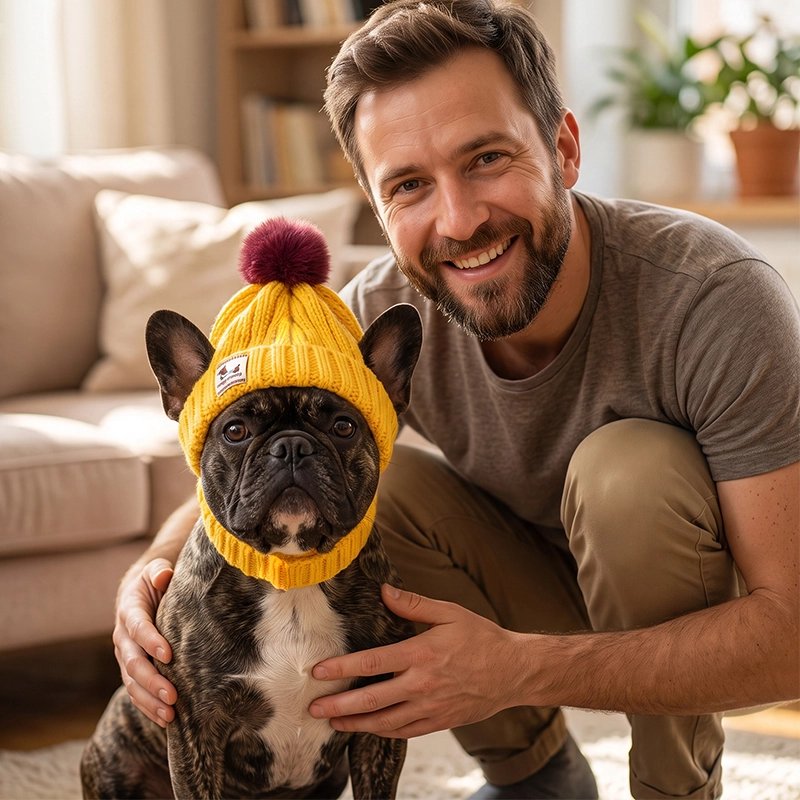 Bonnet pour chien​ boxer assis dans un salon pres de son maitre et son bonnet jaune