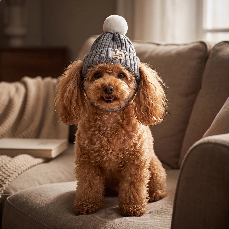 Bonnet pour chien​ caniche roux assis sur un canaper avec son bonnet gris