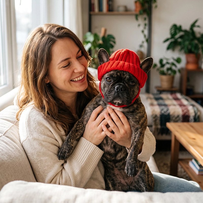 Bonnet pour chien​ chiot boxer dans les bras de sa maitresse avec son bonnet rouge