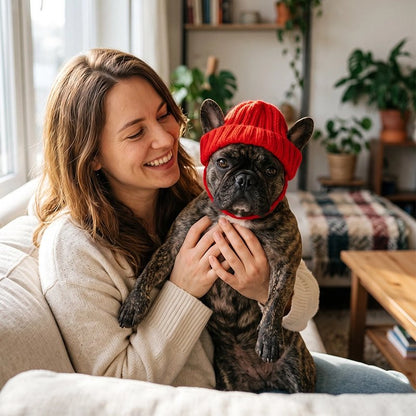 Bonnet pour chien​ chiot boxer dans les bras de sa maitresse avec son bonnet rouge