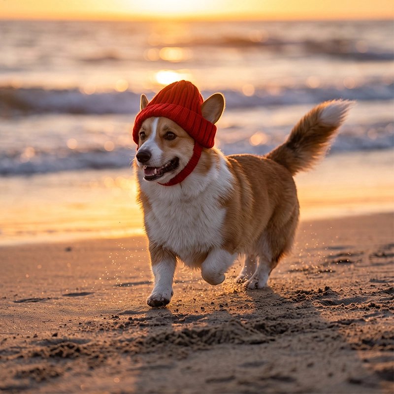 Bonnet pour chien​ gorky se promenant sur la plage avec son bonnet rouge au cuché du soleil