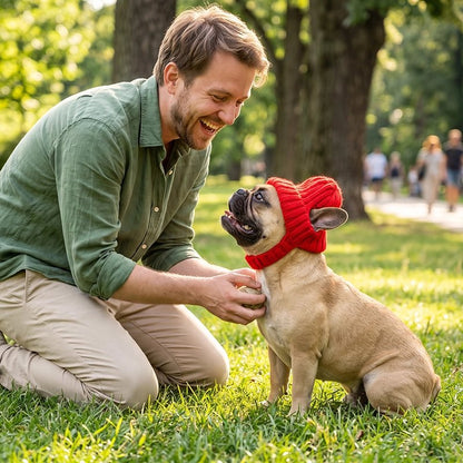 Bonnet pour chien​ pog entrain de se faire attacher son bonnet rouge par son maitre dabs un parc