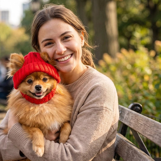 Bonnet pour chien​ pomméranien dans les bras de sa maitresse avec son bonnet rouge