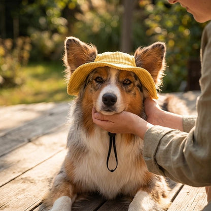 Casquette chien​ chien de berger coucher sur un patio avec sa casquette jaune