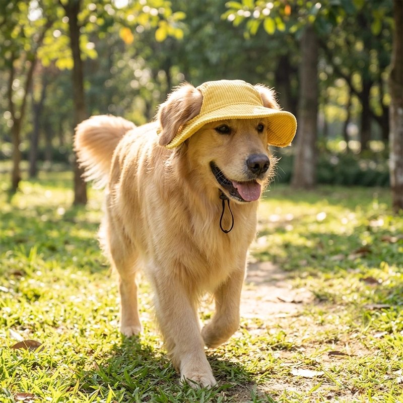 Casquette chien​ golden retriver se baladant dans un parc avec sa casquette jaune