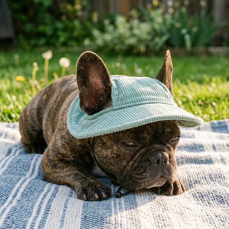 Casquette chien​ petit pog coucher dans un parc avec sa casquette verte