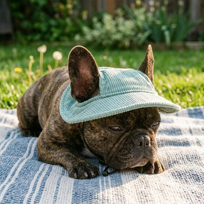 Casquette chien​ petit pog coucher dans un parc avec sa casquette verte