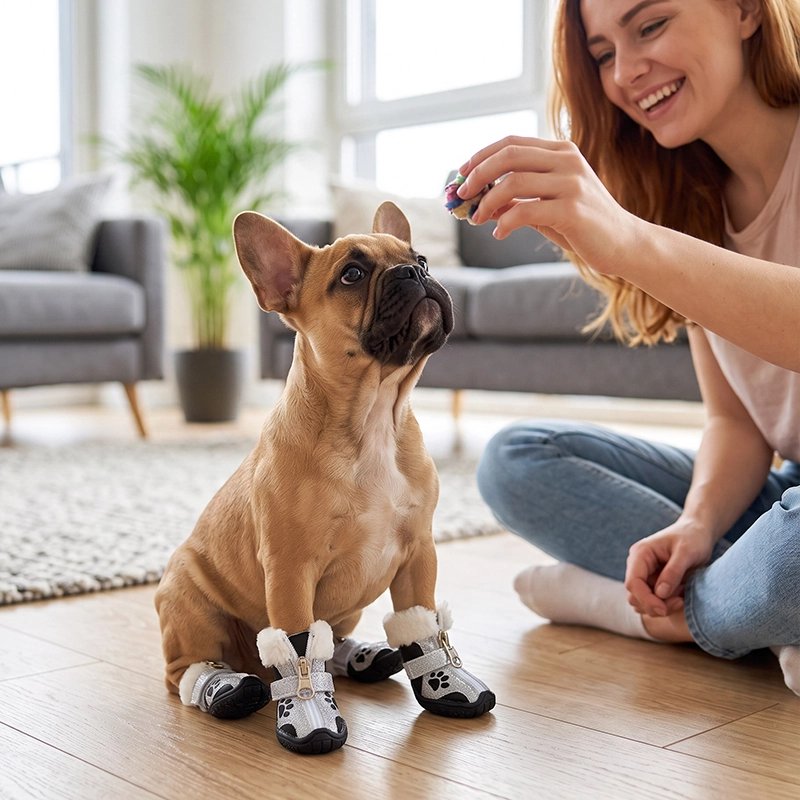 Chaussure pour Chien carling assis dans son salon avec ses chaussures noir recevant une gaterie
