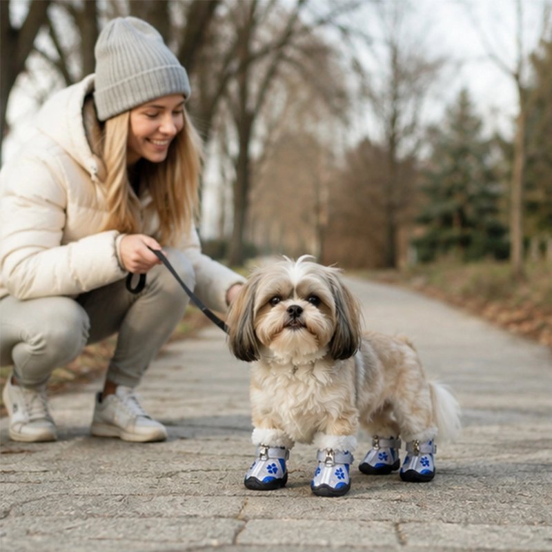 Chaussure pour Chien shih tzu assis  au centre ville avec ses chaussures bleu 