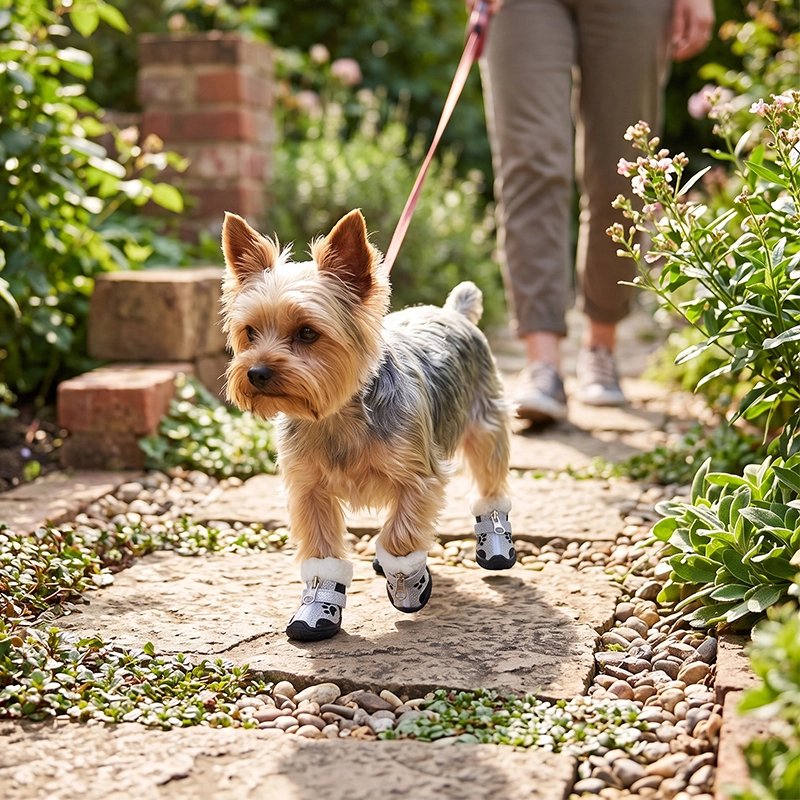 Chaussure pour Chien yorkshire au parc avec ses chaussures noire