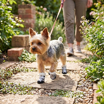 Chaussure pour Chien yorkshire au parc avec ses chaussures noire