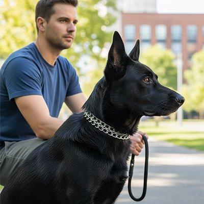 Collier Chien berger assis pres de son maitre avec son collier argenté