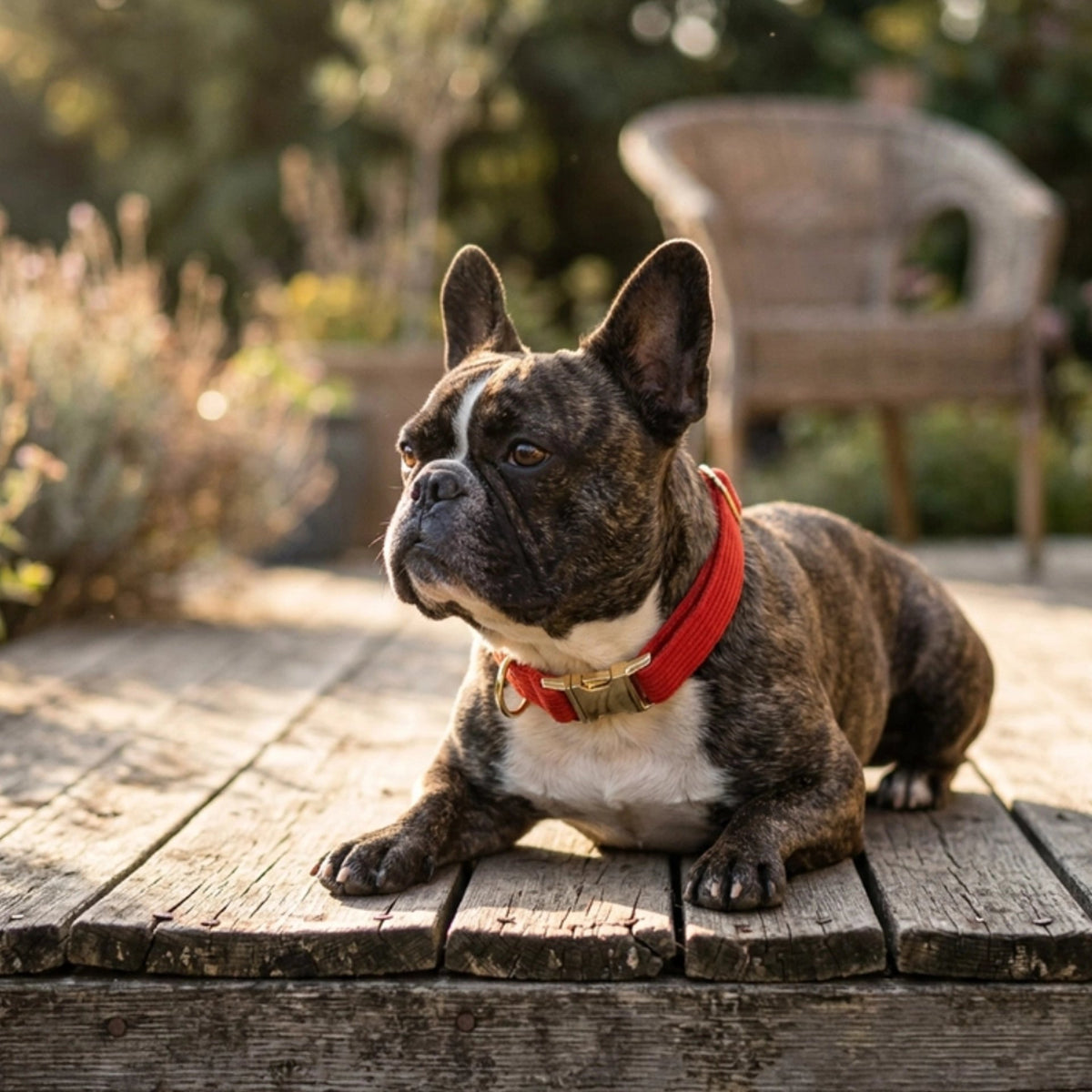Collier Chien boston terrier couché dehors avec son collier rouge