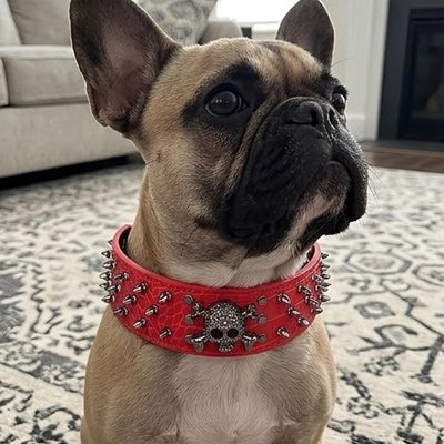 Collier Chien bulldog portant fierement son collier decorer en cuir rouge