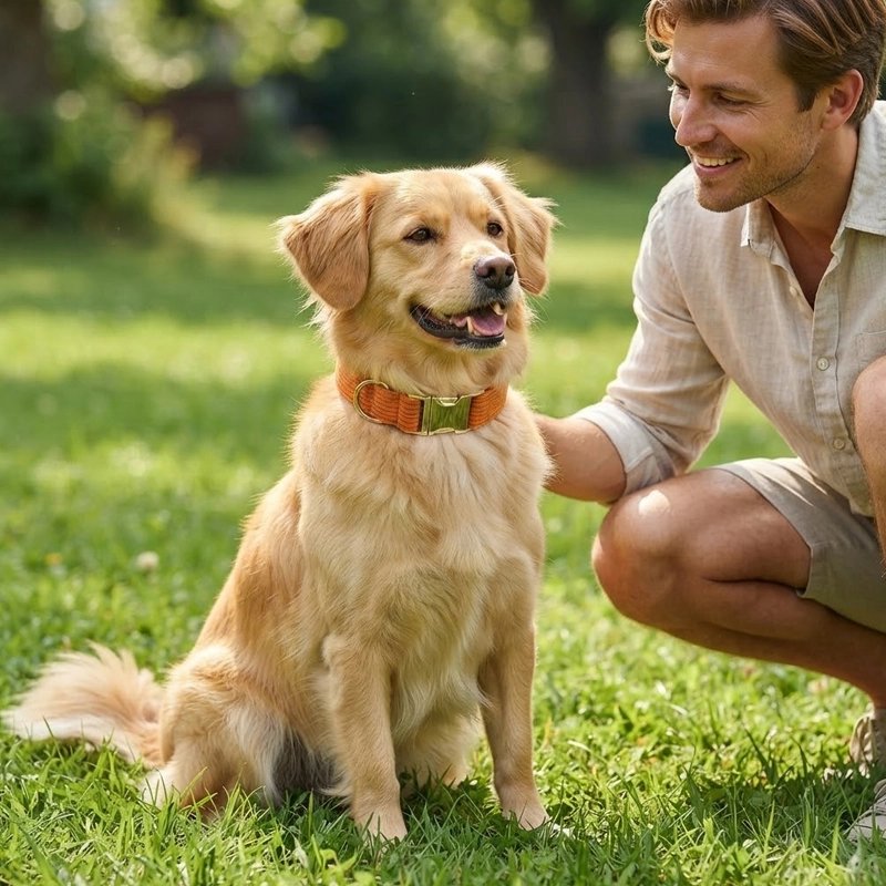 Collier Chien chiot labrador dans un parc avec son maitre ainsi que son collier orange