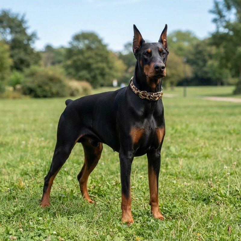 Collier Chien doberman dans un parc avec son collier léopard