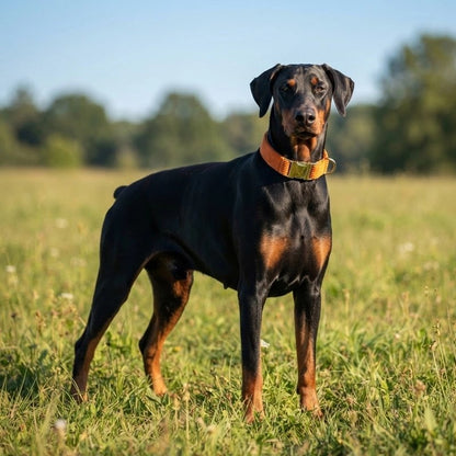 Collier Chien domerman dans un pré avec son collier orange