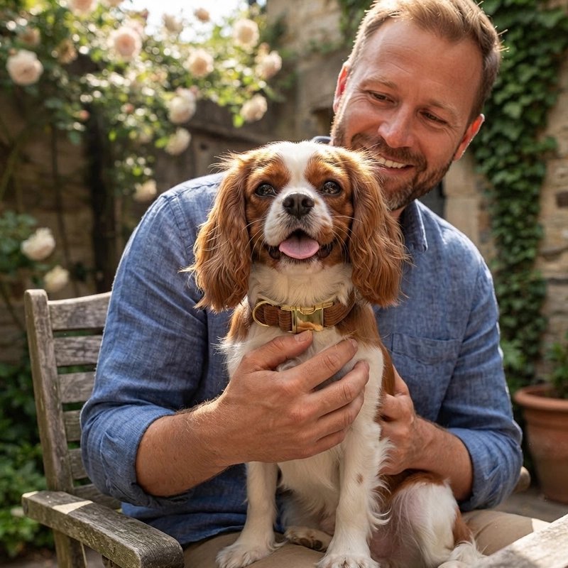 Collier Chien epagneul anglais avec son collier brun assis sur son maitre