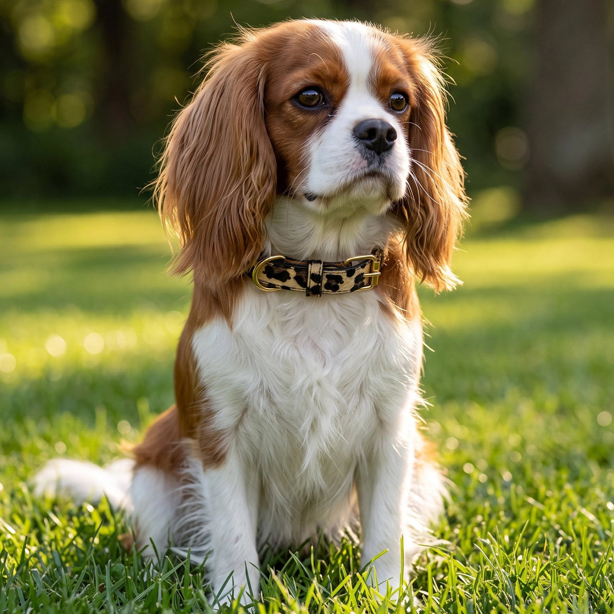 Collier Chien epagneul avec son collier rouge dans un parc