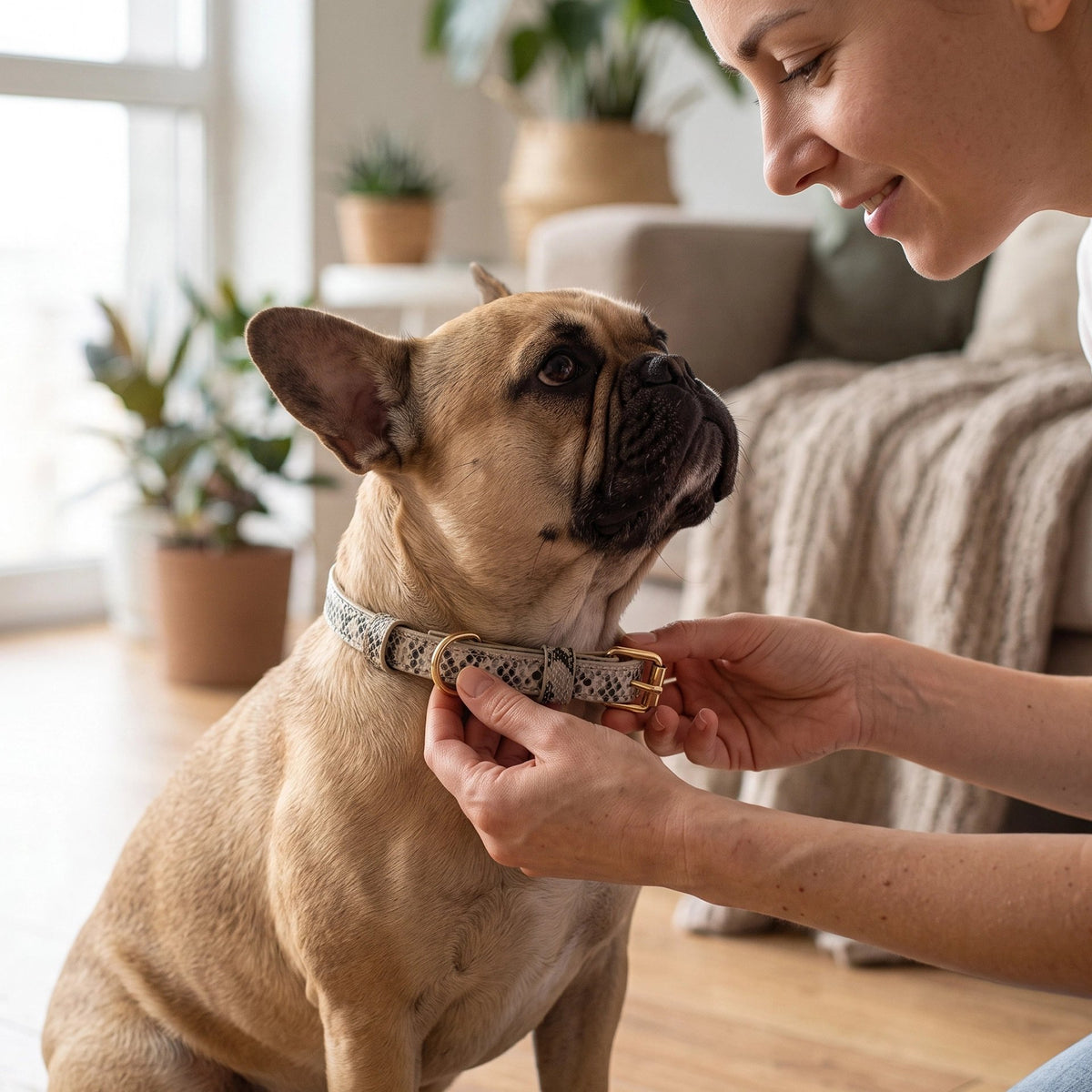 Collier Chien feme entrain de mettre son collier a un pog blond