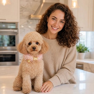 Collier Chien femme avec son caniche beige portant son collier rose