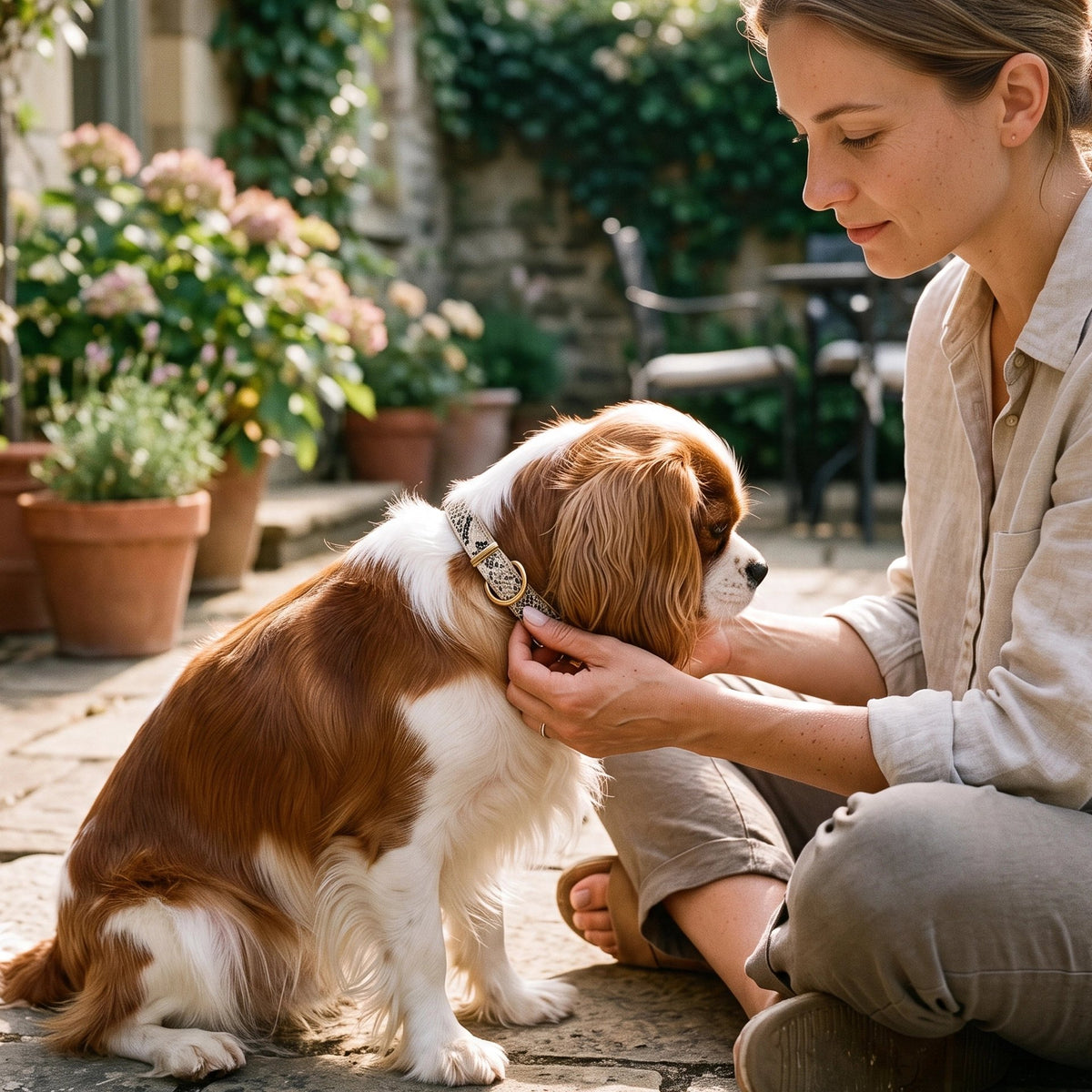 Collier Chien femme entrain de mettre son collier a son epagneul