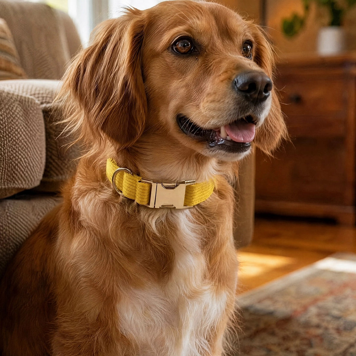 Collier Chien golden retriver assis dans le salon avec son collier jaune