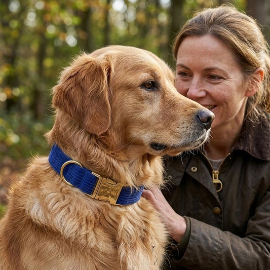 Collier Chien golden retriver avec son collier bleu avec sa maitresse 