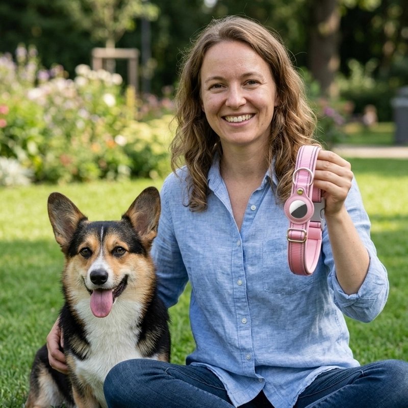 Collier Chien gorky avec sa maitresse qui tien dans ses mains son collier tracker