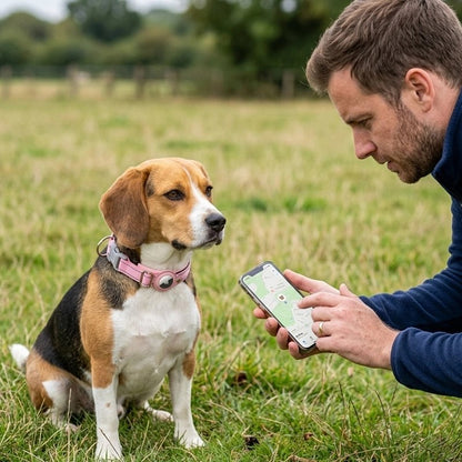 Collier Chien homme instalant le tracker a son beagle et sur le cellulaire